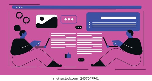 Technology abstract background. Work online, freelancing, education. Cartoon style. Vector illustration