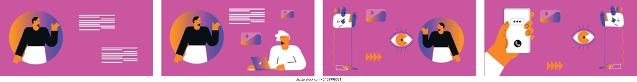 Technology abstract background. Work online, freelancing, education. Cartoon style. Vector illustration