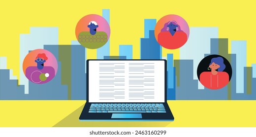 Technology abstract background. Work online, freelancing, education. Cartoon style. Vector illustration