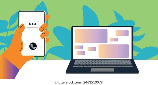 Technology abstract background. Work online, freelancing, education. Cartoon style. Vector illustration