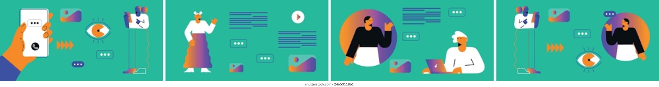 Technology abstract background. Work online, freelancing, education. Cartoon style. Vector illustration