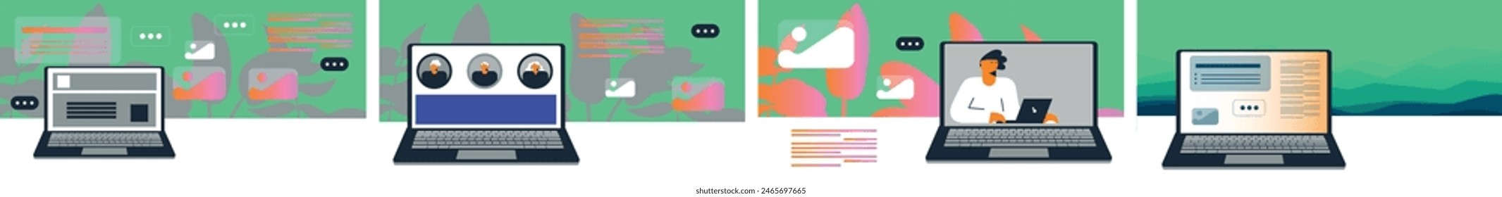 Technology abstract background. Work online, freelancing, education. Cartoon style. Vector illustration