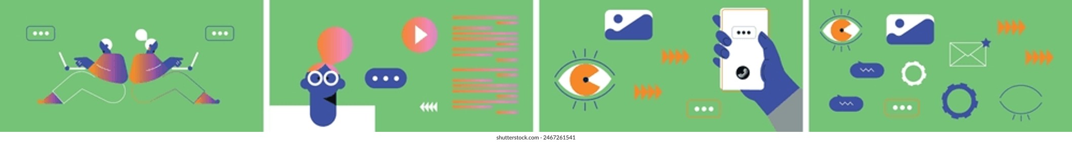 Technology abstract background. Work online, freelancing, education. Cartoon style. Vector illustration