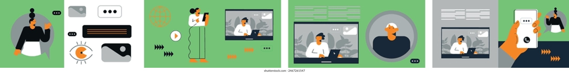 Technology abstract background. Work online, freelancing, education. Cartoon style. Vector illustration