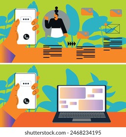Technology abstract background. Work online, freelancing, education. Cartoon style. Vector illustration