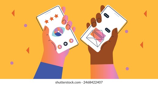 Technology abstract background. Work online, freelancing, education. Cartoon style. Vector illustration