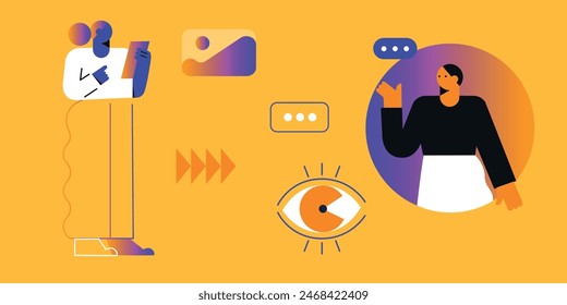 Technology abstract background. Work online, freelancing, education. Cartoon style. Vector illustration