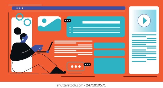 Technology abstract background. Work online, freelancing, education. Cartoon style. Vector illustration