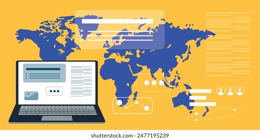 Technology abstract background. Work online, freelancing, education. Cartoon style. Vector illustration