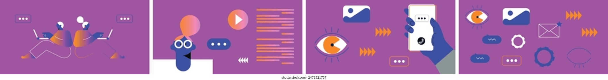 Technology abstract background. Work online, freelancing, education. Cartoon style. Vector illustration