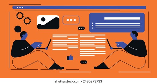 Technology abstract background. Work online, freelancing, education. Cartoon style. Vector illustration