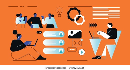 Technology abstract background. Work online, freelancing, education. Cartoon style. Vector illustration