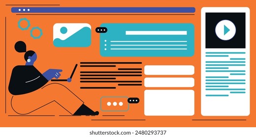 Technology abstract background. Work online, freelancing, education. Cartoon style. Vector illustration