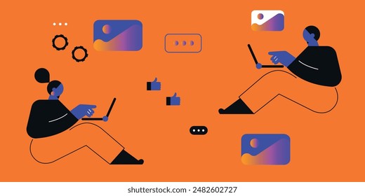 Technology abstract background. Work online, freelancing, education. Cartoon style. Vector illustration
