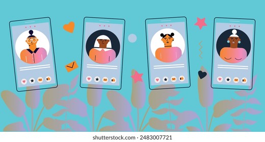 Technology abstract background. Work online, freelancing, education. Cartoon style. Vector illustration