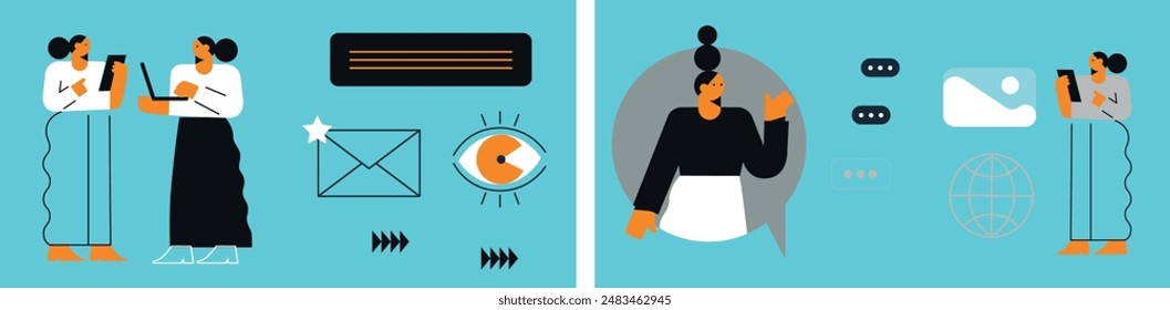 Technology abstract background. Work online, freelancing, education. Cartoon style. Vector illustration