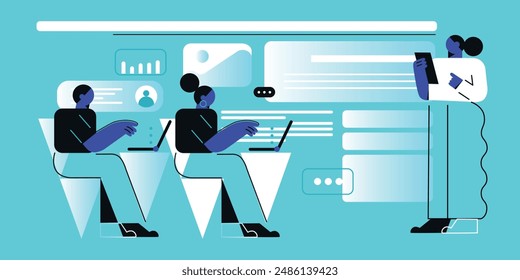 Technology abstract background. Work online, freelancing, education. Cartoon style. Vector illustration