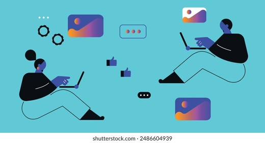 Tecnología de fondo abstracto. Trabajo en línea, freelance, educación. Estilo de dibujos animados. Ilustración vectorial