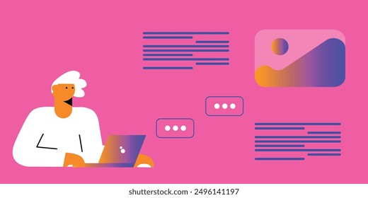 Technology abstract background. Work online, freelancing, education. Cartoon style. Vector illustration