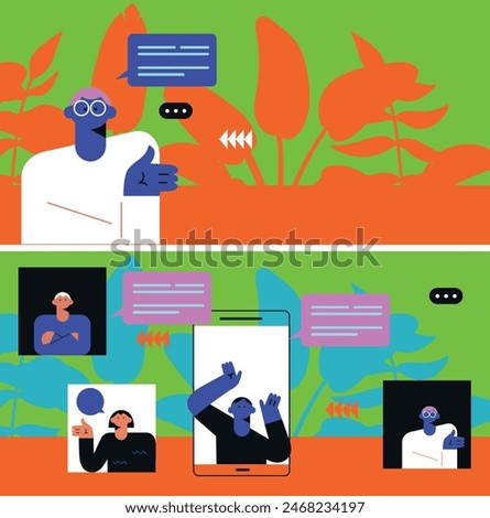 Technology abstract background. Work online, freelancing, education. Cartoon style. Vector illustration