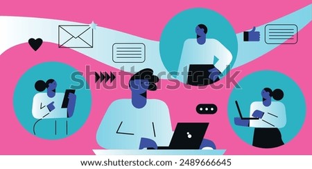 Technology abstract background. Work online, freelancing, education. Cartoon style. Vector illustration