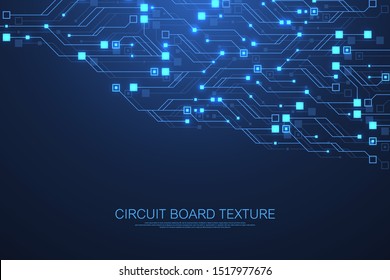 Technology abstract circuit board texture background. High-tech futuristic circuit board banner wallpaper. Engineering electronic motherboard vector illustration. Technological communication concept.