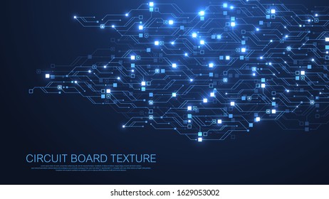 Technology abstract circuit board texture background. High-tech futuristic circuit board banner wallpaper. Digital data. Engineering electronic motherboard. Minimal array Big Data. Vector illustration