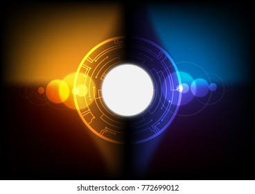 Technology abstract concept background with circuit board and luminous ball set on  yellow-blue tone for background, wallpaper, backdrop and template. Vector background.