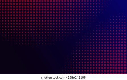 The technology abstract of digital halftone pattern consisting of red dots that gradually fade into a deep blue background. The dots are arranged in a structured gradient. Vector illustration