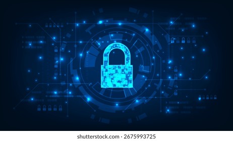 Technology abstract digital security lock and tech circle Hi tech line circuit board with dark blue background