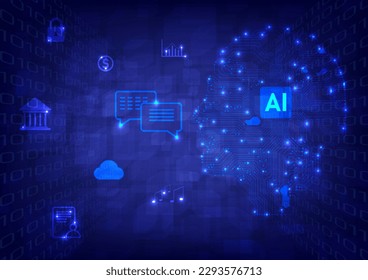 technology abstract The future of machine learning artificial intelligence Head shaped circuit with dot Glow and microchip Binary cube perspective with several icons on a blue gradient background