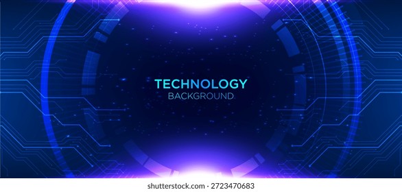 Technologie abstrakter futuristischer Hintergrund mit leuchtender digitaler Kreislaufschnittstelle und blauen Schaltungsleitungen. Modernes Cybertechnologiekonzept für Innovation, Datennetzwerk, KI und digitales Transformationsdesign.