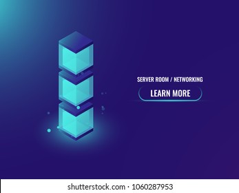 Technology abstract geometry obgect, isometric cube box, electric power station concept, server room and data processing banner vector illustration