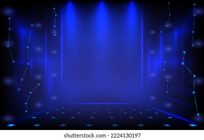 Technology abstract glow in the dark background. Detail scene has blue neon lights shining down on it. Luxurious premium vector illustration. Modern futuristic backdrop or background concept.
