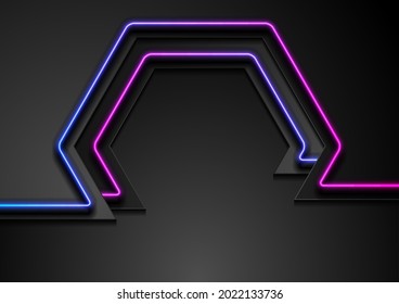 Tecnología de fondo hexagonal abstracto con líneas de neón azul ultravioleta brillante. Diseño de folletos de concepto geométrico. Ilustración del vector