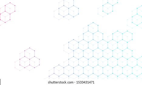 Technology abstract lines and dots connect background with hexagons. Hexagons connection digital data and big data concept. Hex digital data visualization. Vector illustration