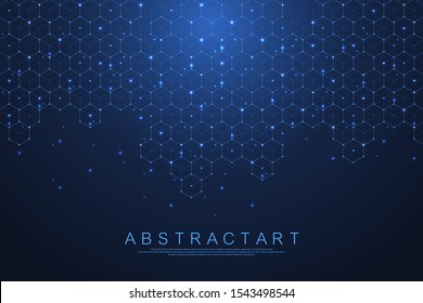 Technology abstract lines and dots connect background with hexagons. Hexagons connection digital data and big data concept. Hex digital data visualization. Vector illustration