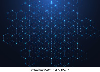 Technology abstract lines and dots connect background with hexagons. Hexagons connection digital data and big data concept. Hex digital data visualization. Vector illustration