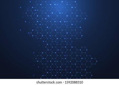 Technology abstract lines and dots connect background with hexagons. Hexagons connection digital data and big data concept. Hex digital data visualization. Vector illustration