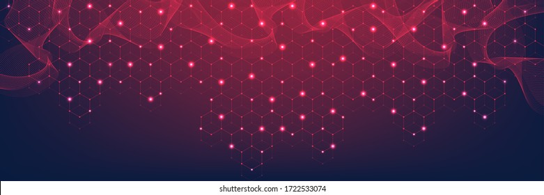 Technology abstract lines and dots connect background with hexagons. Hexagon grid. Hexagons connection digital data and big data concept. Hex digital data visualization. Vector illustration