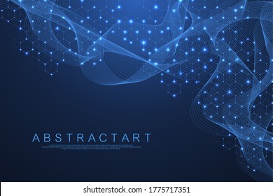 Las líneas y puntos abstractos de tecnología conectan el fondo con hexágonos. Cuadrícula de hexágono. Hexagons conecta los datos digitales con el concepto de big data. Visualización de datos digitales hexadecimales. Ilustración del vector