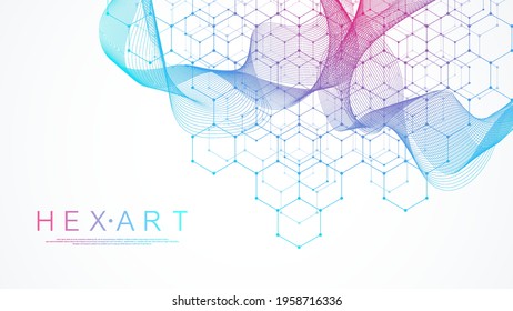 Technology abstract lines and dots connect background with hexagons. Hexagon grid. Hexagons connection digital data and big data concept. Hex digital data visualization. Vector illustration