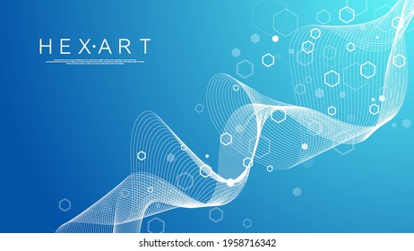 Technology abstract lines and dots connect background with hexagons. Hexagon grid. Hexagons connection digital data and big data concept. Hex digital data visualization. Vector illustration