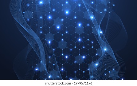 Technology abstract lines and dots connect background with hexagons.  Hexagons connection digital data and big data concept. 