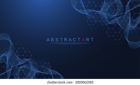 Technology abstract lines and dots connect background with hexagons. Hexagon grid. Hexagons connection digital data and big data concept. Hex digital data visualization. Vector illustration