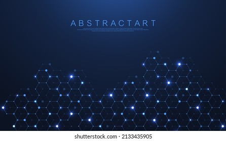 Technology abstract lines and dots connect background with hexagons. Hexagons connection digital data and big data concept. Hex digital data visualization. Vector illustration.