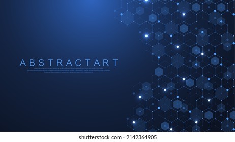 Technology abstract lines and dots connect background with hexagons. Hexagons connection digital data and big data concept. Hex digital data visualization. Vector illustration