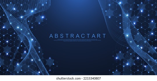 Technology abstract lines and dots connect background with hexagons. Hexagons connection digital data and big data concept. Hex digital data visualization. Vector illustration