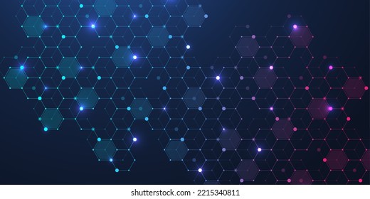 Technology abstract lines and dots connect background with hexagons. Hexagons connection digital data and big data concept. Hex digital data visualization. Vector illustration