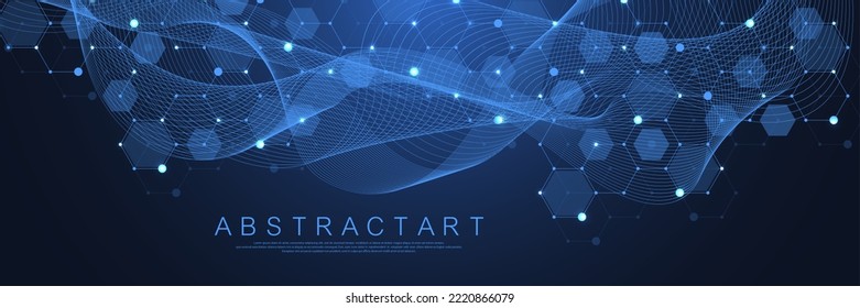 Technology abstract lines and dots connect background with hexagons. Hexagons connection digital data and big data concept. Hex digital data visualization. Vector illustration.